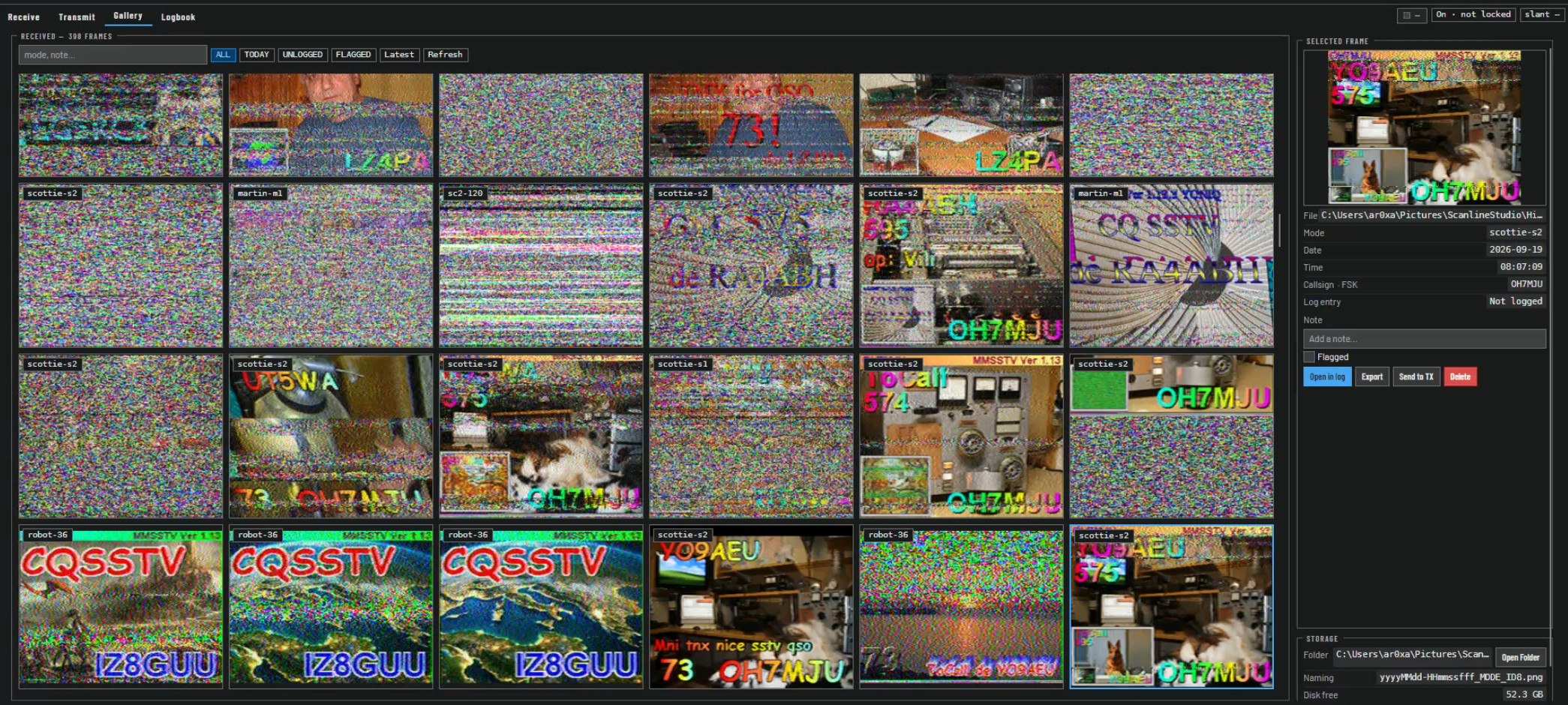 Scanline Studio Gallery tab: searchable receive history with Send to TX, Logged status and re-decode